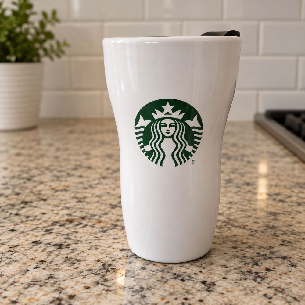 Starbucks 2016 White Ceramic Travel Tumbler Mug 9 Oz Green Siren Logo Lid